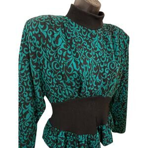 Vintage 80s All That Jazz Teal Damask Peplum Sweater Mock Neck M